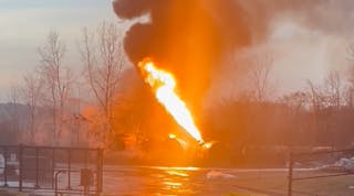 Energetic pressure relief from a vinyl chloride tank car, East Palestine, Ohio, on Feb. 4, 2023.