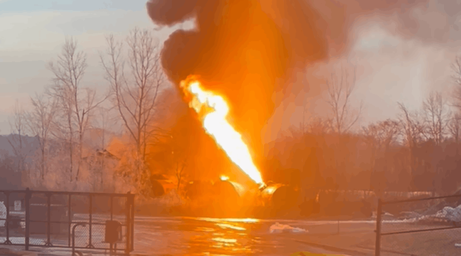 Energetic pressure relief from a vinyl chloride tank car, East Palestine, Ohio, on Feb. 4, 2023.